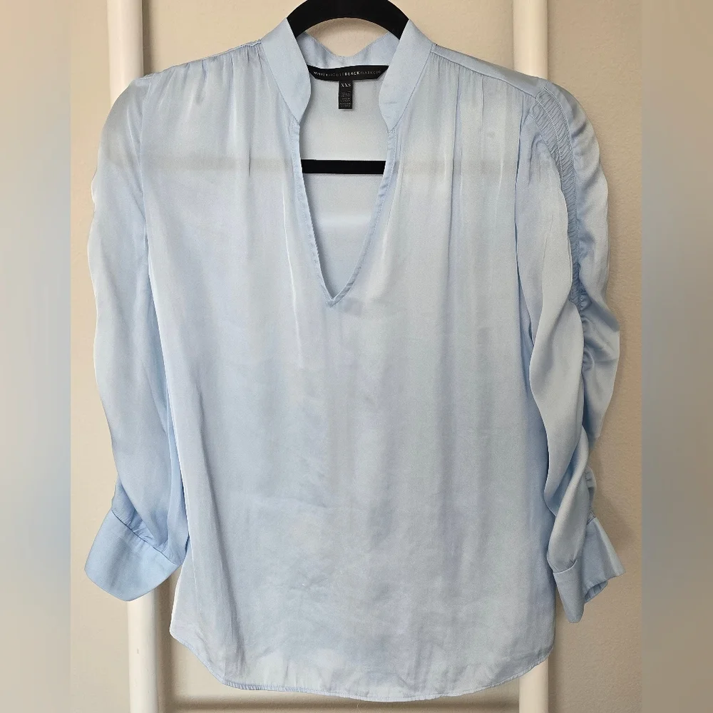 White House Black Market Light Blue Blouse With Rouched Sleeves - Picture 4 of 8